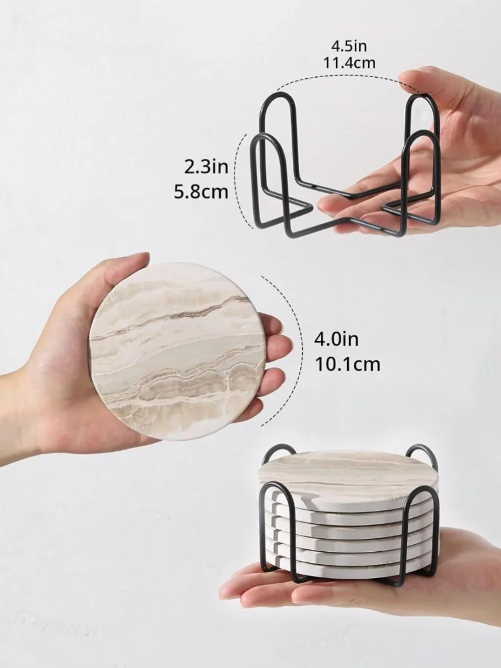 Coasters Set of 6, Coasters for Drinks Absorbent Stone with Holder, Black Marble